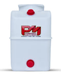Front view of white 5 Quart Poly Hydraulic Replacement Reservoir for Power Units and Heavy Equipment with red caps