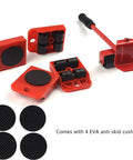 Heavy Duty Furniture Lifter And Mover Tool Set With Roller Steel Movers for Easy Safe Moving of Sofas and Couches, red and black components with EVA cushions