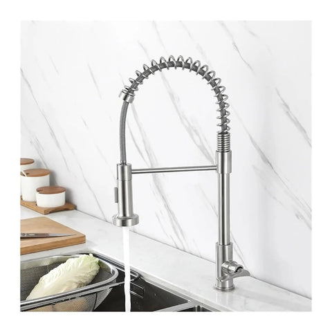 Stainless Steel Kitchen Faucet with Wall-Mounted Spray, Single Handle Cold Water Sink Tap for Top Mount Kitchen Sinks, Design for Modern Kitchens, in action with water flow.