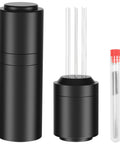 Espresso Distribution Tool WDT Style with 18 stainless steel needles for even grounds, black tool with replacement needles tube visible.