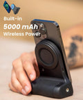Magnetic Phone Stand Camera Grip with Wireless Charging and Bluetooth Shutter for iPhone in use, showing side grip and charger