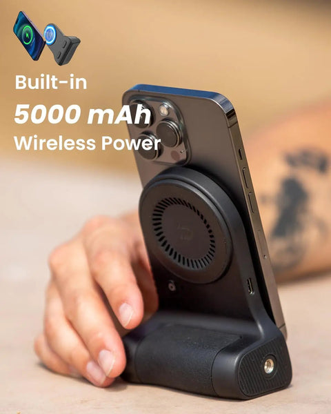 Magnetic Phone Stand Camera Grip with Wireless Charging and Bluetooth Shutter for iPhone in use, showing side grip and charger