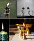 12 Pack Fiberglass Replacement Wicks For Tiki Torches And Wine Bottle Torches Outdoor Patio Lighting Lanterns And Oil Lamps Long Burning Odorless Trimable shown in use.