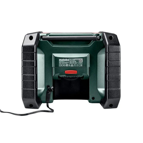 Back view of Hardworking Cordless Jobsite Radio With Bluetooth, AM FM, DSP Tuner, and Illuminated LCD Display, with power cord and battery compartment.