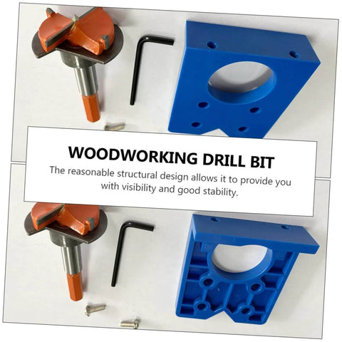 Hinge boring drill bit set, front view, blue mounting jig blocks (2) and orange-handled bits with hex key.