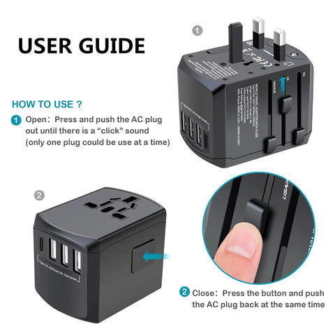 User guide for Worldwide Travel Power Adapter With 4 Retractable Plugs, 3 USB Ports And USB C, All in One Global Converter