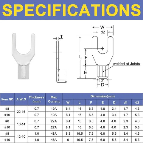 Awesome 330pcs Non Insulated Ring Fork U Type Brass Terminals Assortment Kit With Crimp Tool For Heavy Duty Cable Wire Connectors And Electrical Repairs That Are Total Game Changers For The Workshop. Specification chart for non insulated U type brass fork terminal dimensions