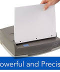 Electric Three Hole Punch with 50 Sheet Capacity, push button control, loading paper for efficient office use in Smart Gray.
