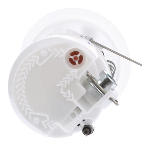 Straight Up Real Deal Oem Replacement Fuel Pump Module Assembly For Domestic Tanks Featuring Bullseye Float Readings And Hassle Free Electrical Hookups, showing top view of white assembly with float and spring.