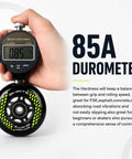 8 Pack Inline Skate Wheels Set With 72mm 76mm And 80mm Options, ABEC9 Bearings, 85A Durometer PU, Includes Bearings And Spacers, Ready To Go Replacement For Rollerblade Roller Derby And K2 Skates, Black shown with 85A durometer measurement tool.