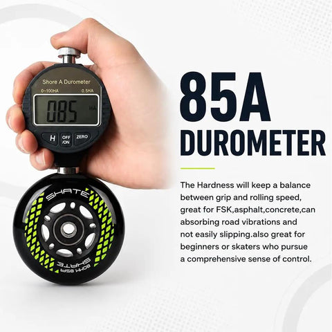 8 Pack Inline Skate Wheels Set With 72mm 76mm And 80mm Options, ABEC9 Bearings, 85A Durometer PU, Includes Bearings And Spacers, Ready To Go Replacement For Rollerblade Roller Derby And K2 Skates, Black shown with 85A durometer measurement tool.
