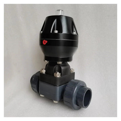 Heavy Duty Pneumatic Diaphragm Valve Double Acting Plastic Housing For Compressed Air And Coolant Lines Offering Smooth Motion And A Bulletproof Leak Barrier Dn25 Projects side view with black top and grey body.