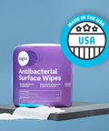 EPA Registered Antibacterial Wipes For Surfaces And Equipment That Kill 99.9 Percent Of Germs In 15 Seconds in purple packaging.