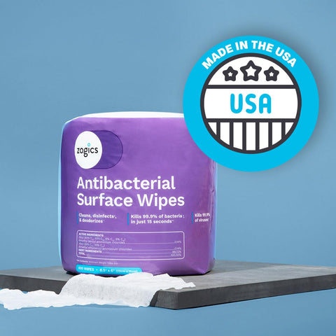 EPA Registered Antibacterial Wipes For Surfaces And Equipment That Kill 99.9 Percent Of Germs In 15 Seconds in purple packaging.