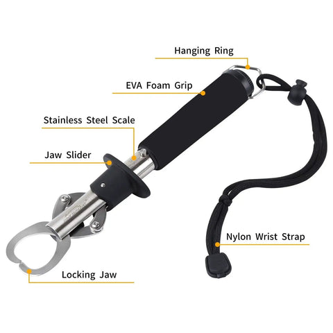 Stainless Steel Fish Lip Gripper With Weight Scale Heavy Duty 15 Kg Capacity One Hand Operation Quick Release Non Slip EVA Handle