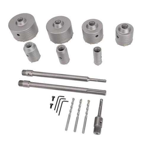 Get This Rock Solid Aramox Hole Saw Kit For Concrete Jobs With Seven Tungsten Steel Sizes From 30 Mm To 110 Mm And An Sds Plus Shank Making Masonry Tasks Way Easier And Faster For Your Next Big Build Or Repair Job At Home. Seven tungsten steel concrete hole saws with SDS Plus shanks, drill bits, and adapters