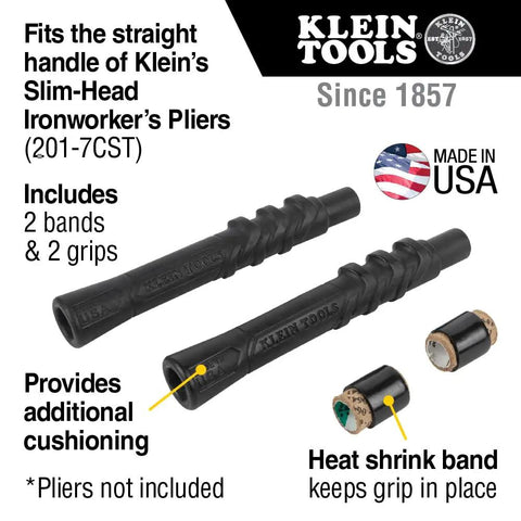 Plier Cushion Grip Kit With Heat Shrink Bands For Slim-Head Ironworker Pliers 201-7CST 2-Pack Made In USA display with grips and bands.