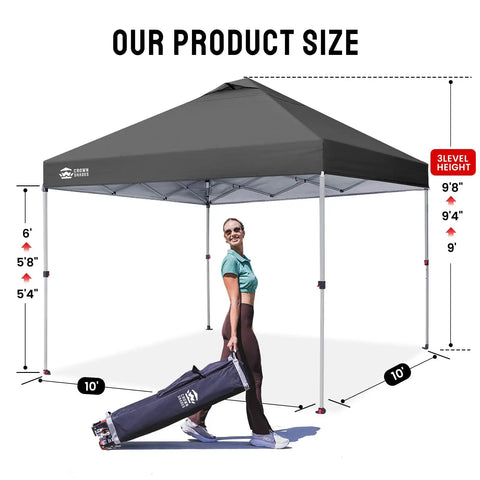 Pop Up Canopy With One Push Center Lock Technology For Fast Easy Setup In Seconds 10x10 Ft with person holding storage bag