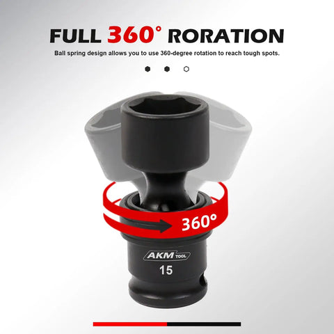 1/4 Inch Drive Universal Impact Socket Set Thats Built For Tight Spots, 18 Piece Swivel Wobble Kit 360-degree rotation