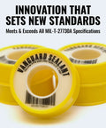 Stack of yellow Vanguard Sealant PTFE tape rolls for gas fittings, labeled includes Heavy Duty Gas Pipe Thread Seal Tape PTFE Yellow.