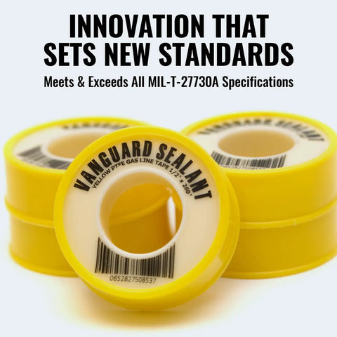 Stack of yellow Vanguard Sealant PTFE tape rolls for gas fittings, labeled includes Heavy Duty Gas Pipe Thread Seal Tape PTFE Yellow.