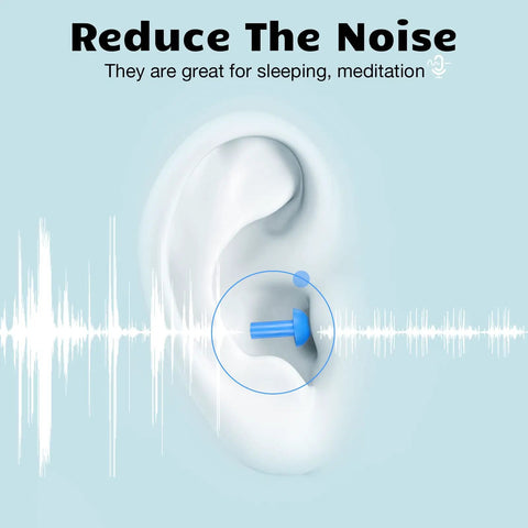 Blue silicone ear plug in ear with sound waves, 150 Pairs Bulk Silicone Ear Plugs With Carry Case Individually Wrapped Soft Reusable