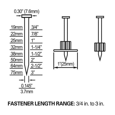 Diagram showing fastener sizes compatible with PSSCP 3 Inch Pneumatic Single Pin Concrete Nailer With Case, lengths 3/4" to 3".