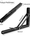 Heavy Duty Folding Shelf Bracket 12 Inch Collapsible L Bracket For Workbench And Folding Tables Black Steel With 330lb Load Capacity DIY Shelf Support 2 Pack, shown with dimensions.