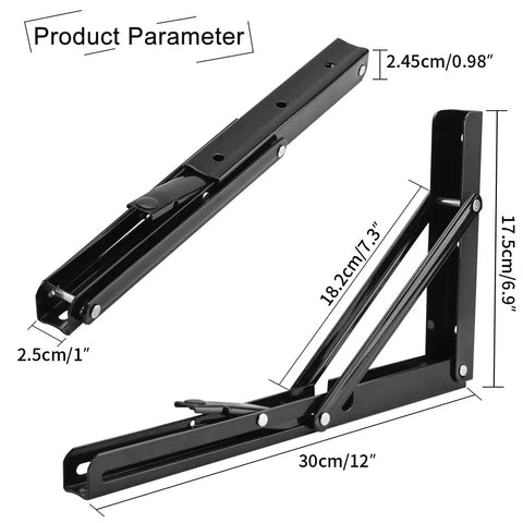 Heavy Duty Folding Shelf Bracket 12 Inch Collapsible L Bracket For Workbench And Folding Tables Black Steel With 330lb Load Capacity DIY Shelf Support 2 Pack, shown with dimensions.
