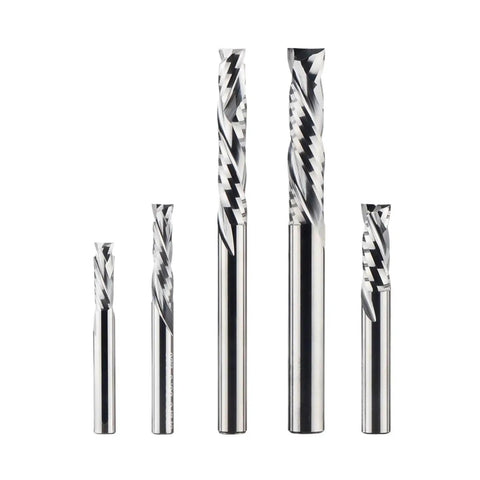Game Changer 2 Flute Spiral Carbide End Mill Bit With Up And Down Cut Design For Blazing CNC Router Woodworking Builds Built Tough To Shred Hardwood And Plywood Like A Champ, five spiral bits of varying sizes.