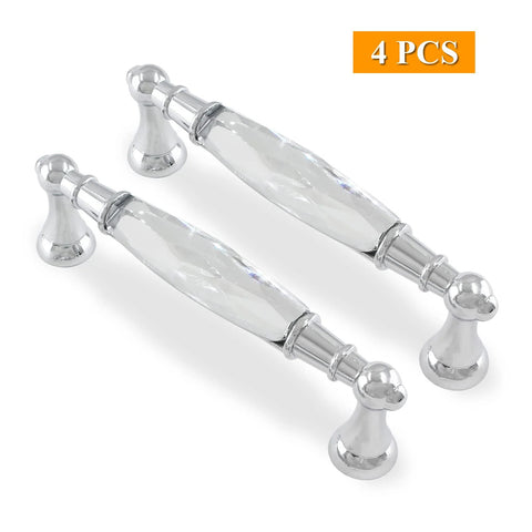 Crystal Cabinet Pulls Four Pack 4.5 Inch Overall Length With 3.75 Inch Hole Spacing Diameter 0.7 Inch Chrome Silver Glass Bar