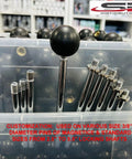 Front view: black phenolic ball knobs on chrome shafts with 3/8-16 threads in a storage bin