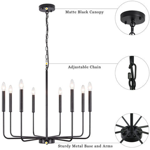 Eight Light Modern Black Farmhouse Chandelier For Dining Room Living Room Kitchen Foyer And Bedroom With Candle Style Illumination And 360 Degree Lighting For High Ceilings This Dope Fixture featuring matte black canopy and adjustable chain