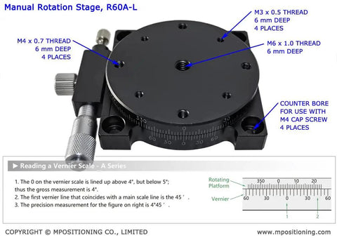 Image of Manual Rotation Stage With 360 Degree Coarse Rotation Plus Or Minus 5 Degree Fine Lock, 1 Degree Dial Graduation, showing various thread specifications.