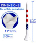 Image of a single 3-1/4 inch plastic golf tee with four prongs, showing star and stripe markings for stability and visibility.