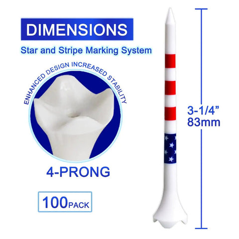 Image of a single 3-1/4 inch plastic golf tee with four prongs, showing star and stripe markings for stability and visibility.