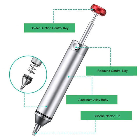 Manual Desoldering Pump Solder Sucker Tool With Anti Clogging Silicone Tip For Easy Solder Removal, Low Maintenance Desoldering Gun With Aviation Aluminum Alloy Body And CNC Precision Construction diagram