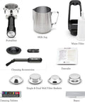 Barista Touch Impress Espresso Machine BES881BSS accessories including portafilter, milk jug, water filter, baskets, and cleaning kit.