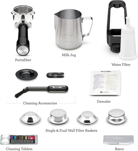 Absolute Game Changing Slick Espresso Machine In Damson Blue With Auto Milk Steaming Precision Tamping And Cold Brew Function For Smooth Latte Art And Major Home Cafe Vibes Touchscreen Daily accessories including portafilter, milk jug, and cleaning tools.