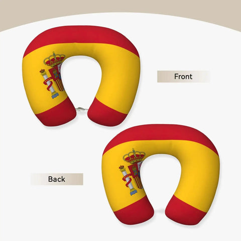 Front and back view of Spanish Flag Print U Shaped Travel Pillow with Memory Foam Core for Napping on Planes Cars Trains Home or Office