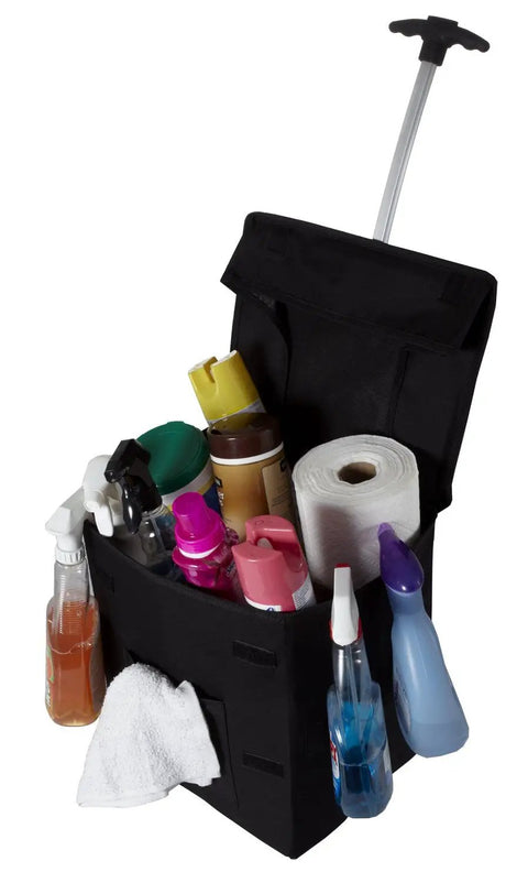 Must Have Collapsible Rolling Utility Cart for Groceries and More filled with cleaning supplies, showing extendable handle