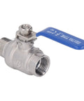 Rock Solid Heavy Duty 1/2 Inch NPT Ball Valve Made From Top Tier 304 Stainless Steel featuring a blue quarter turn handle for shut off.
