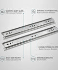Close-up of stainless steel full extension side mount drawer slides for cabinets and furniture, highlighting smooth glide and durability.