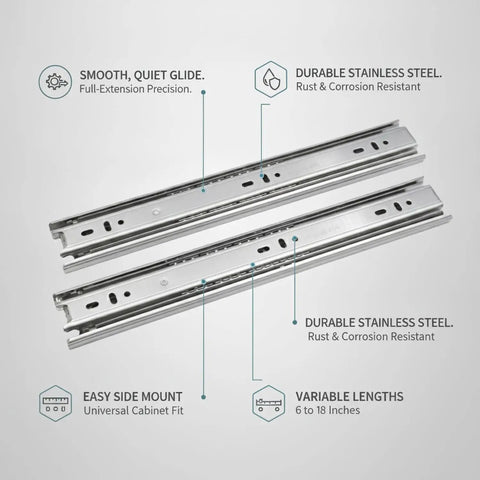 Close-up of stainless steel full extension side mount drawer slides for cabinets and furniture, highlighting smooth glide and durability.