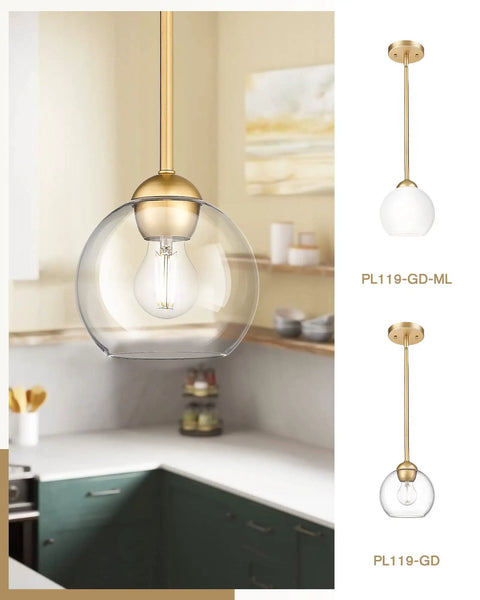Gold Finish Industrial Pendant Light With Clear Glass Globe Shade over kitchen counter, modern farmhouse style