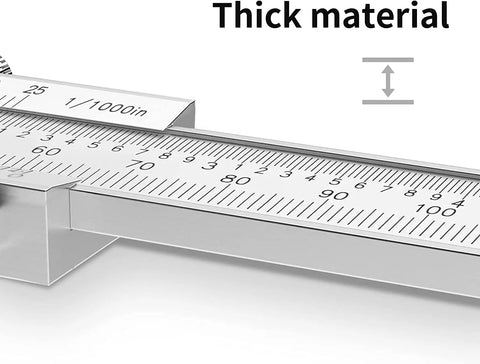 Close-up of Rugged Carbon Steel Caliper With Four Measuring Modes Internal External Depth And Step showing thick material and scale
