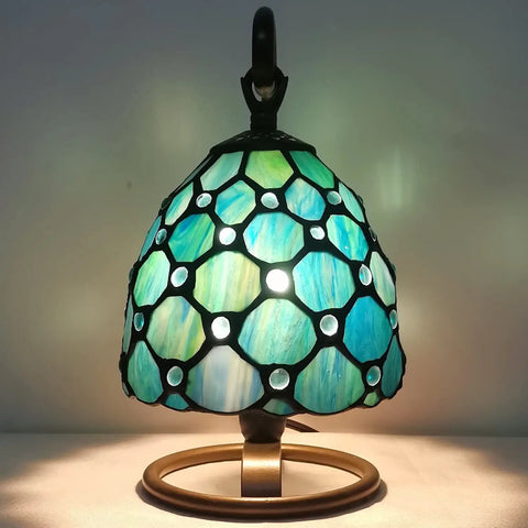 Small Tiffany Style Stained Glass Table Lamp Sea Blue Pearl 10 Inch Tall 6 Inch Wide 8 Inch Long Vintage Accent Night Light for Bedroom or Living Room UL Plug LED Compatible Bulbs Not Included Memory Sympathy Decor.