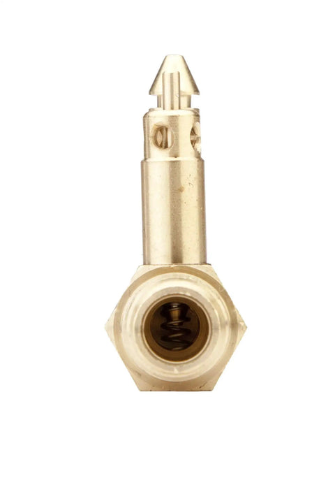 Front view of brass quick connect tank fitting with 1/4 inch NPT male thread for Mercury Mariner marine fuel lines.