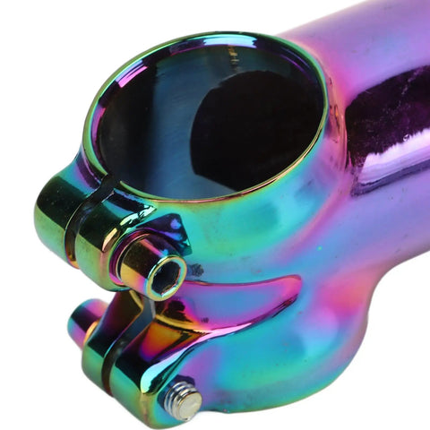 Colorful Aluminum Alloy Bicycle Riser Stem 31.8mm CNC Machined Lightweight Handlebar Extender close-up, rainbow finish