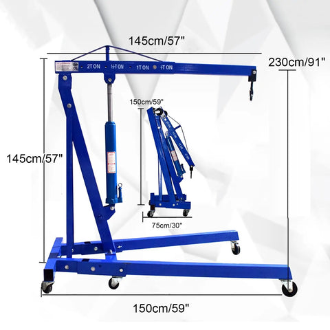 Heavy Duty 2 Ton Folding Engine Hoist Cherry Picker Jib Crane dimensions with smooth rolling swivel casters, 145cm height, 150cm width.